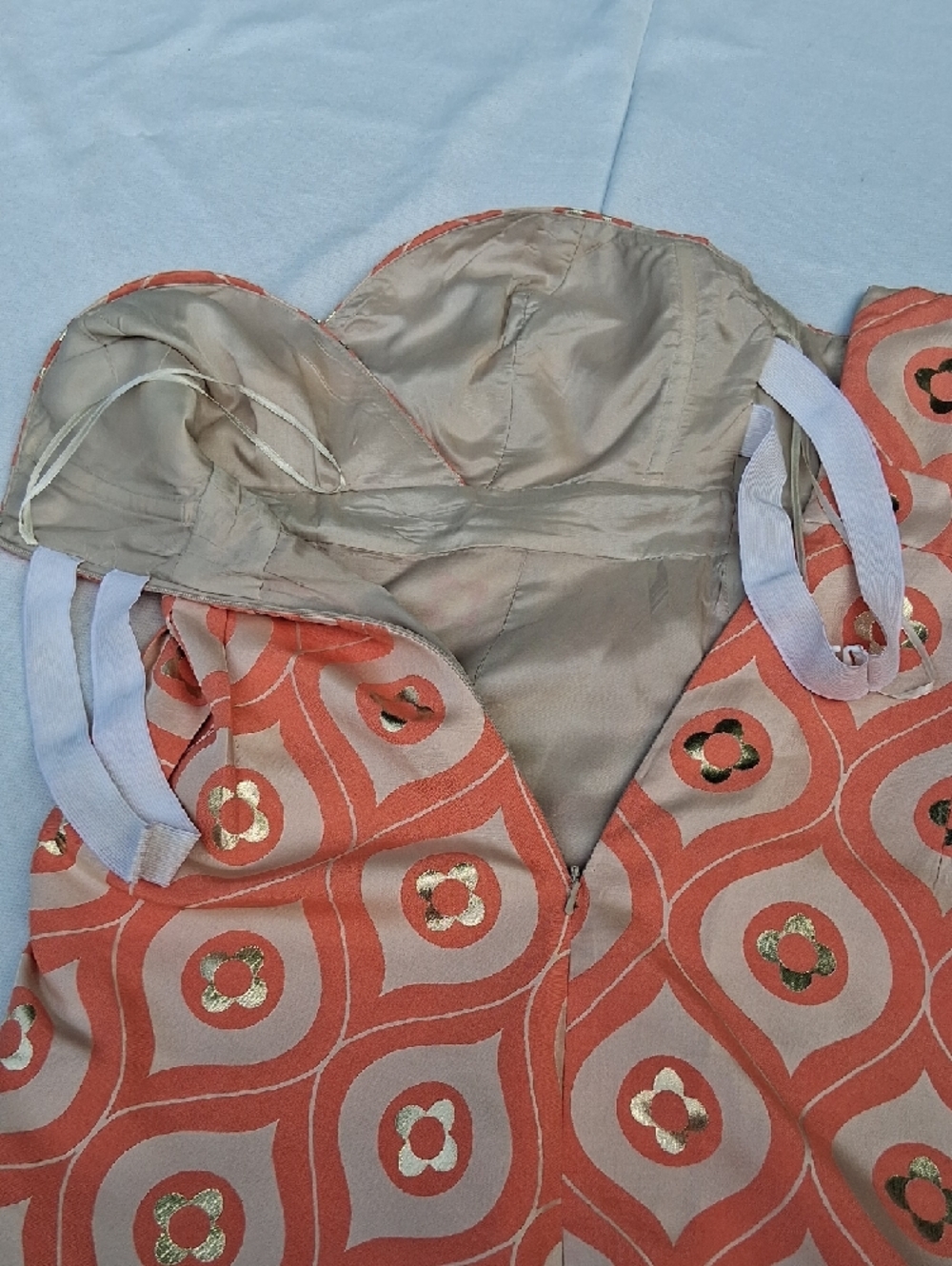 Tibi Coral and Cream Strapless Mini Dress with Gold Accents - Picture 12 of 14